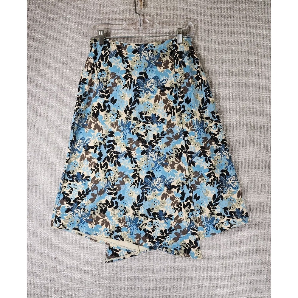 J. Jill Faux Wrap Floral Skirt Womens SP Petite Cream Blue Brown Stretch Nice! - Picture 6 of 10